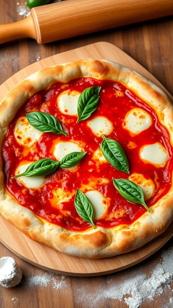Neapolitan pizza with golden crust, tomato sauce, mozzarella, and basil on a wooden peel.